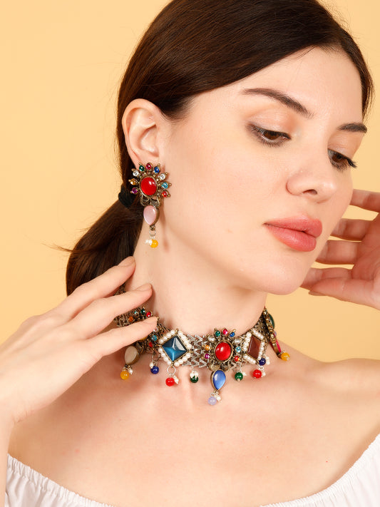 VIVAZS Silver-Plated Stone-Studded Multi-color Jewellery Set