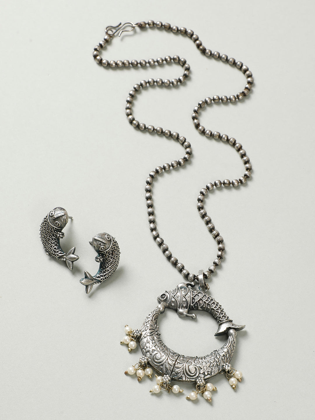 VIVAZS Oxidized German Silver-Plated Fish-Shaped Jewellery Set