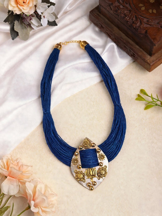 Gold-Plated Oxidised Statement Blue Thread Jute Necklace