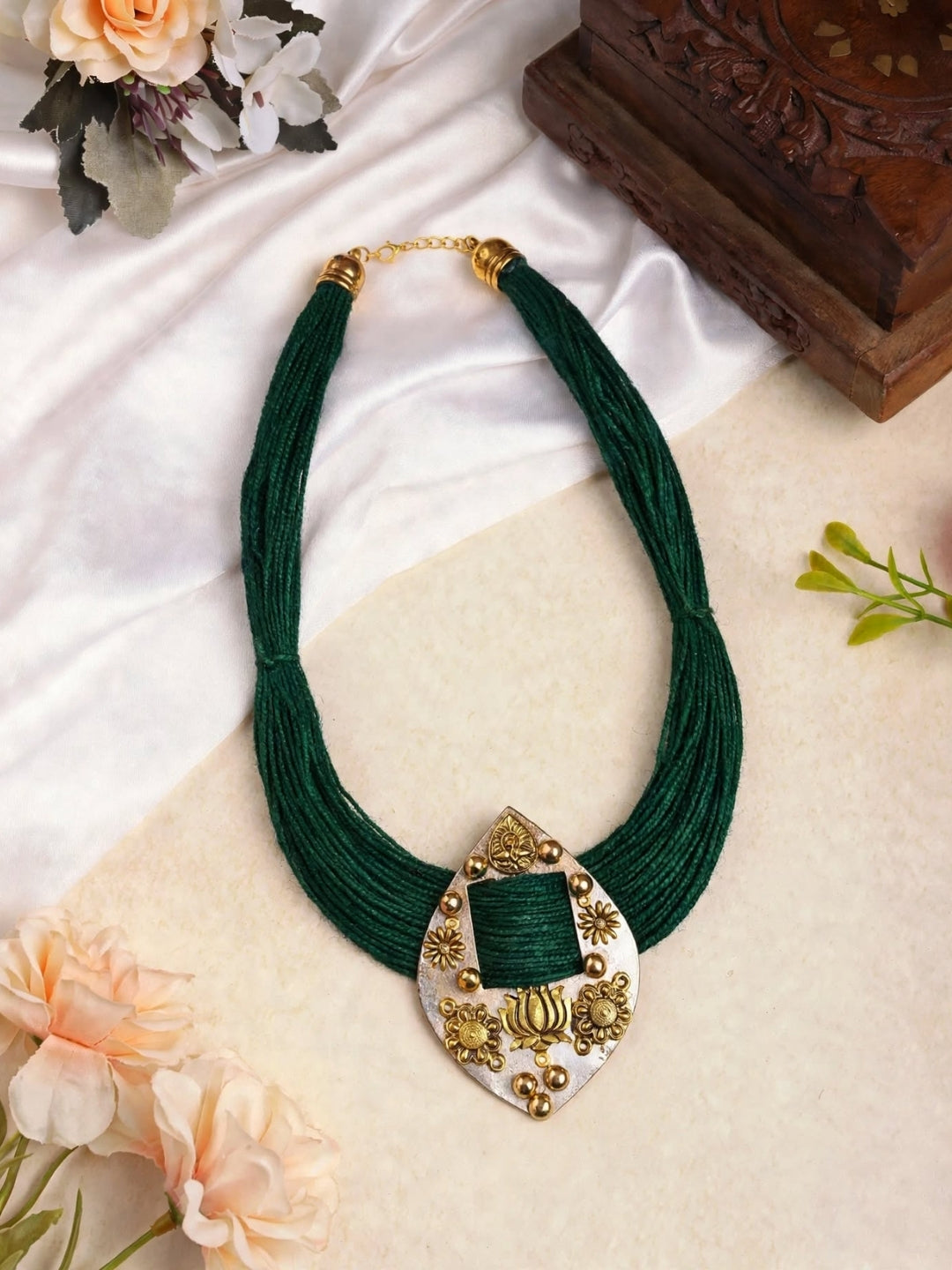 Gold-Plated Oxidised Statement Green Thread Jute Necklace