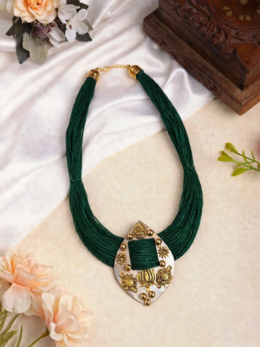Gold-Plated Oxidised Statement Green Thread Jute Necklace