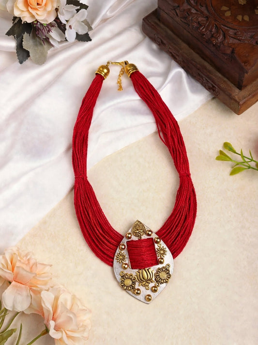 Gold-Plated Oxidised Statement Red Thread Jute Necklace