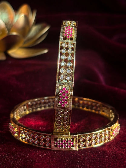 Set of 2, Pink & White 22K Gold-Plated AD Stones Handcrafted Bangles