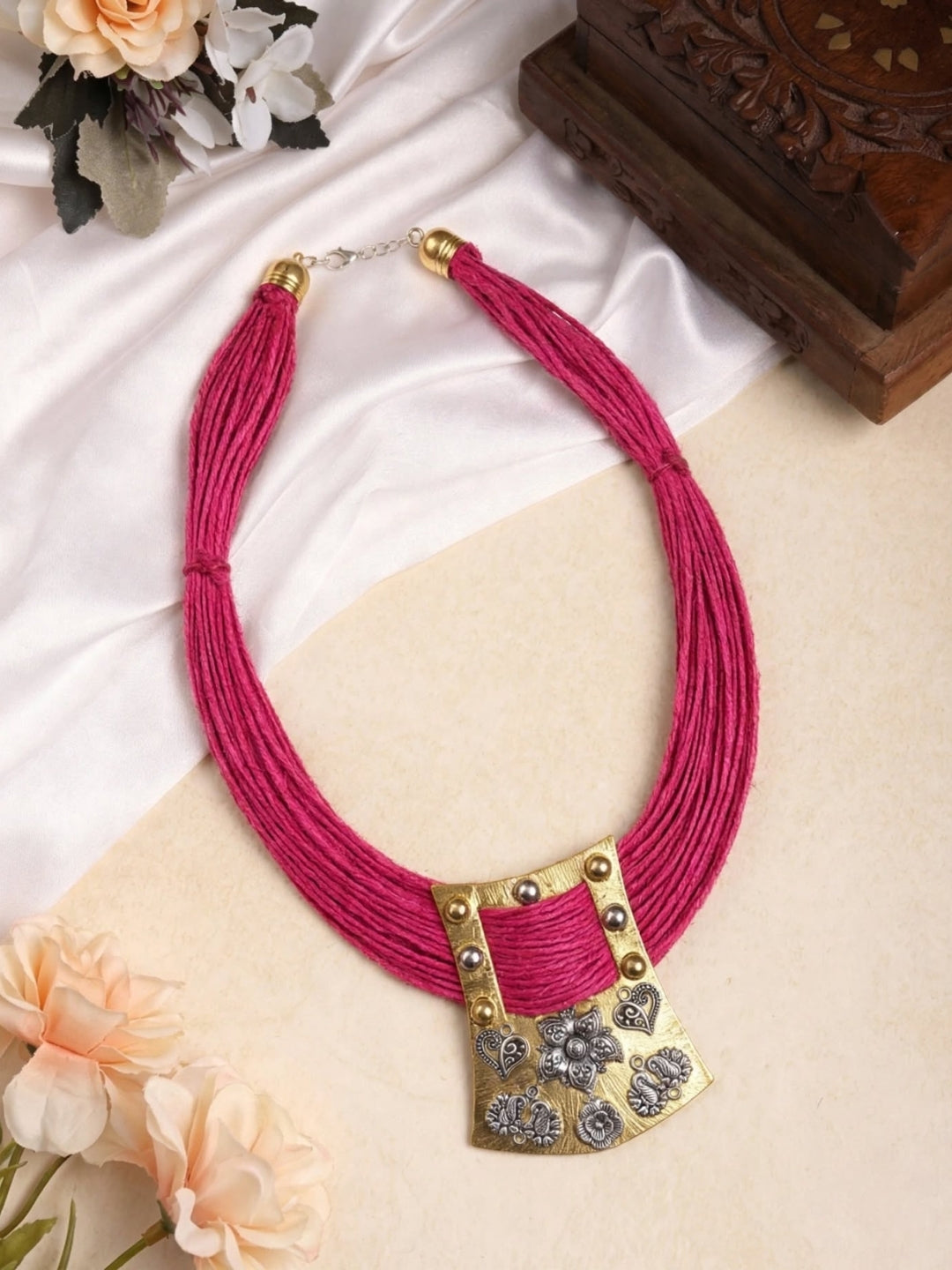 Gold-Plated Oxidised Statement Pink Thread Jute Necklace