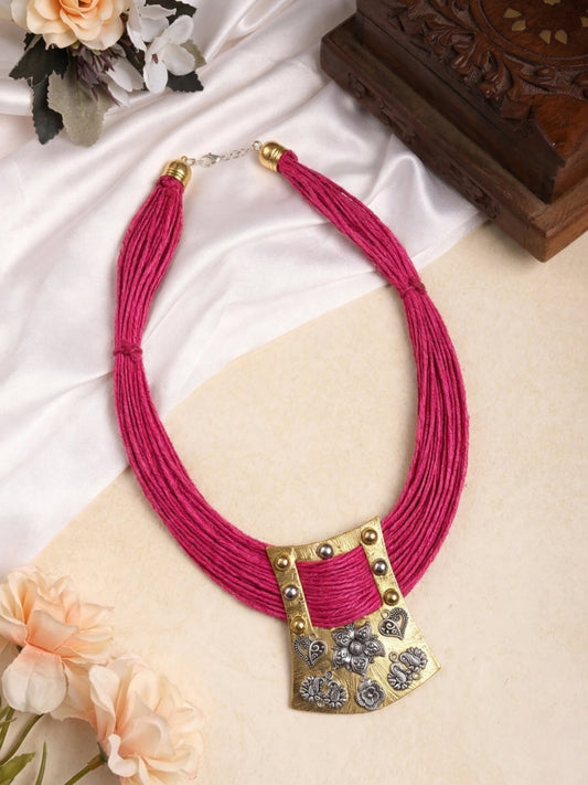 Gold-Plated Oxidised Statement Pink Thread Jute Necklace