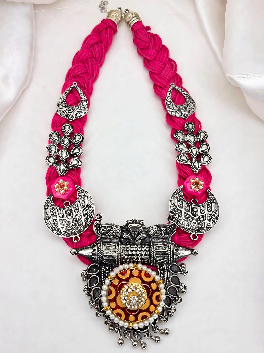 German Silver Floral & Peacock Charm Statement Bohemian Meenakari Magenta Jute Necklace