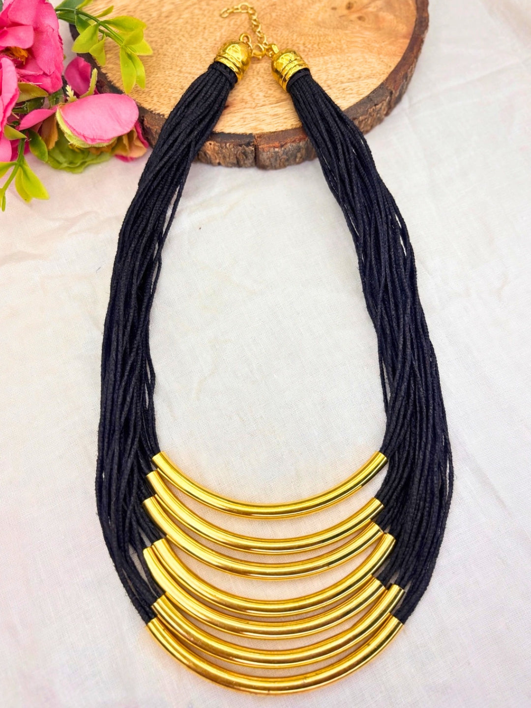 Gold-Plated Oxidised Statement Black Thread Layered Jute Necklace