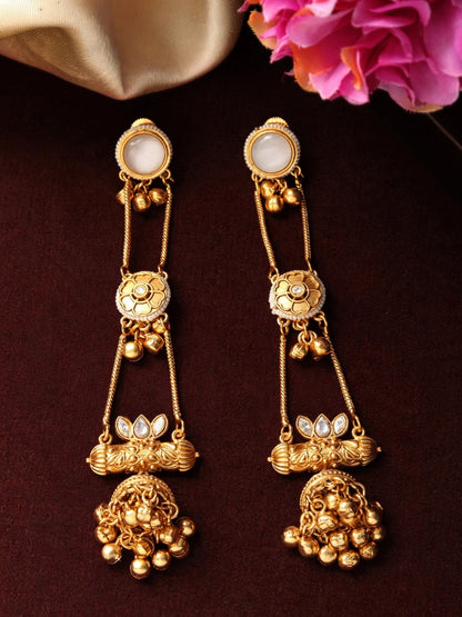 Gold-Plated Pearl Studded Kundan Long Chain Kashmiri Jhumka Earrings