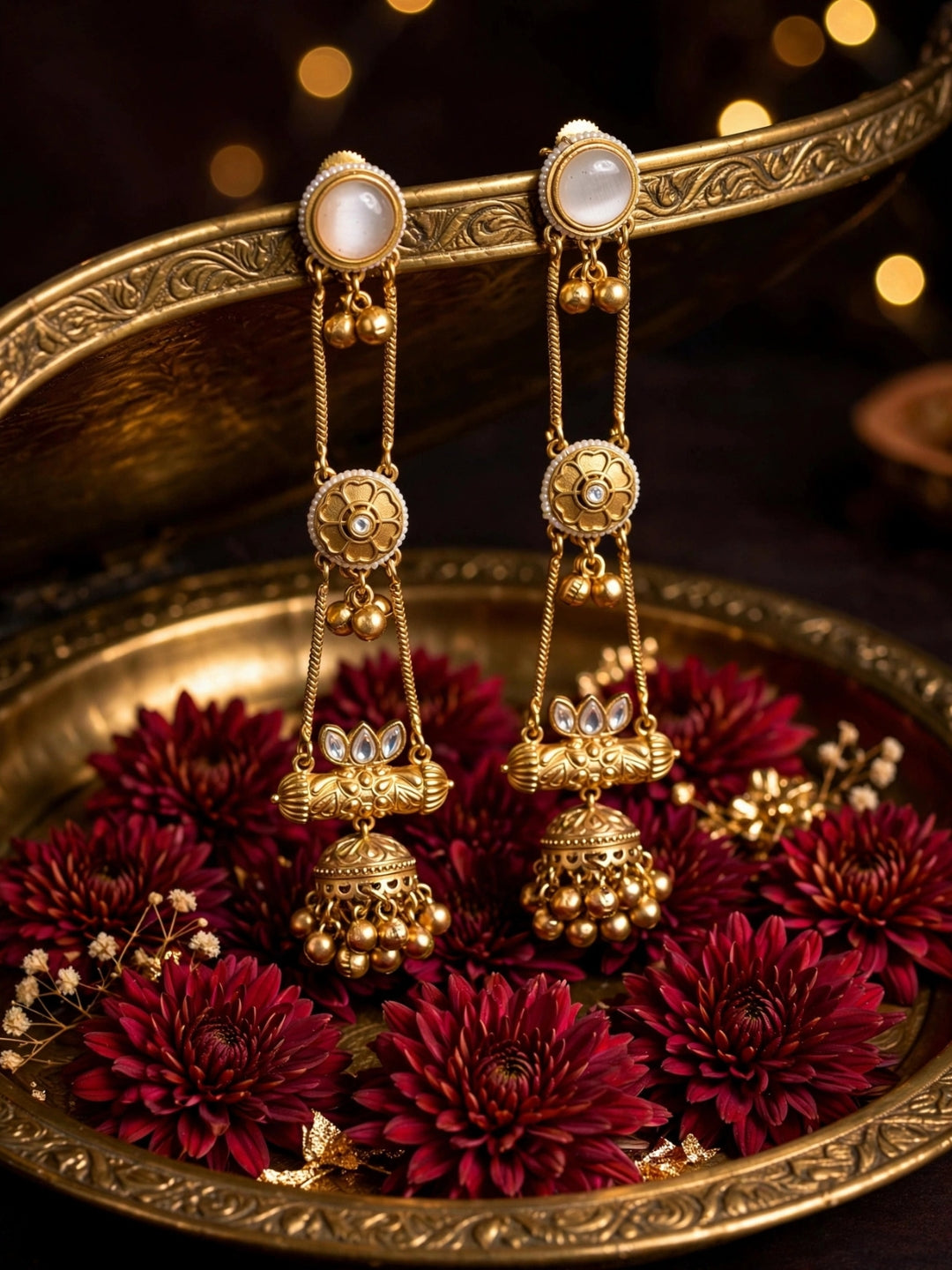 Gold-Plated Pearl Studded Kundan Long Chain Kashmiri Jhumka Earrings