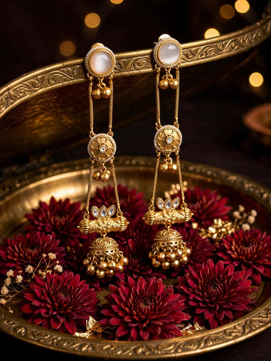 Gold-Plated Pearl Studded Kundan Long Chain Kashmiri Jhumka Earrings