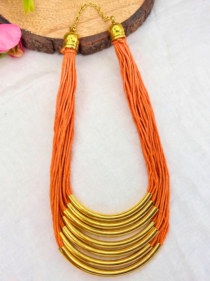 Gold-Plated Oxidised Statement Orange Thread Layered Jute Necklace