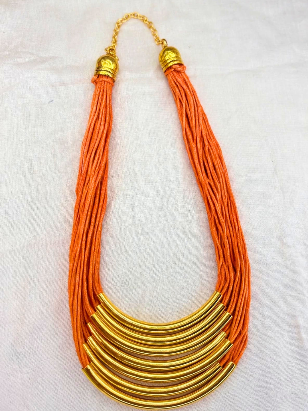 Gold-Plated Oxidised Statement Orange Thread Layered Jute Necklace