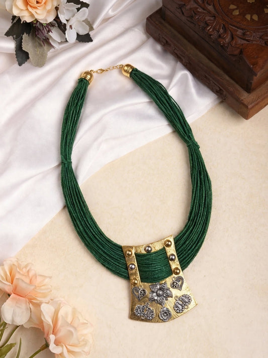 Gold-Plated Oxidised Statement Green Thread Jute Necklace