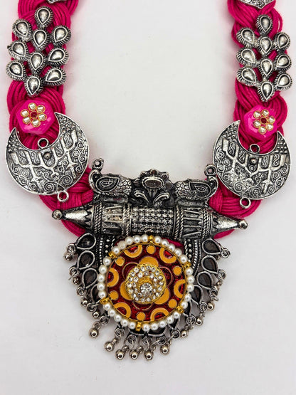 German Silver Floral & Peacock Charm Statement Bohemian Meenakari Magenta Jute Necklace