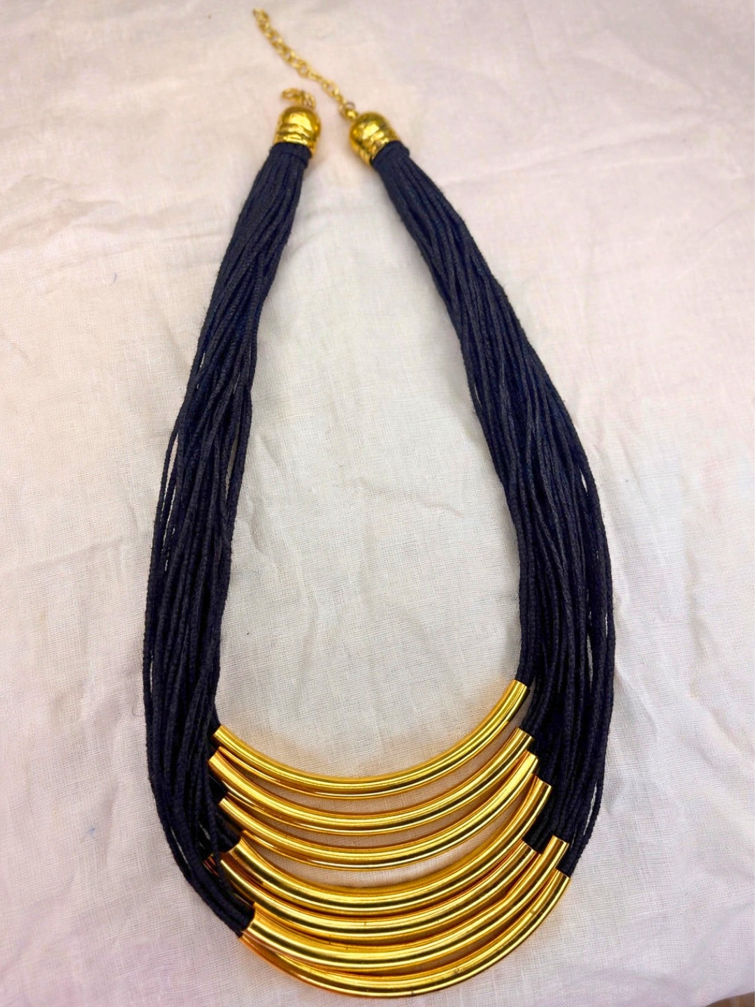 Gold-Plated Oxidised Statement Black Thread Layered Jute Necklace