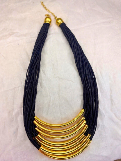 Gold-Plated Oxidised Statement Black Thread Layered Jute Necklace