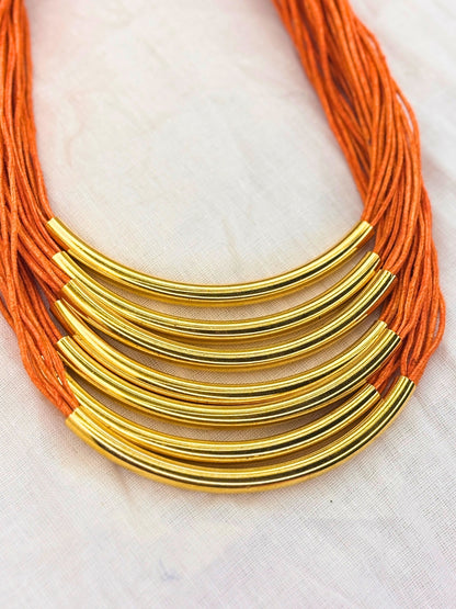 Gold-Plated Oxidised Statement Orange Thread Layered Jute Necklace