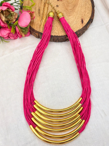 Gold-Plated Oxidised Statement Magenta Thread Layered Jute Necklace