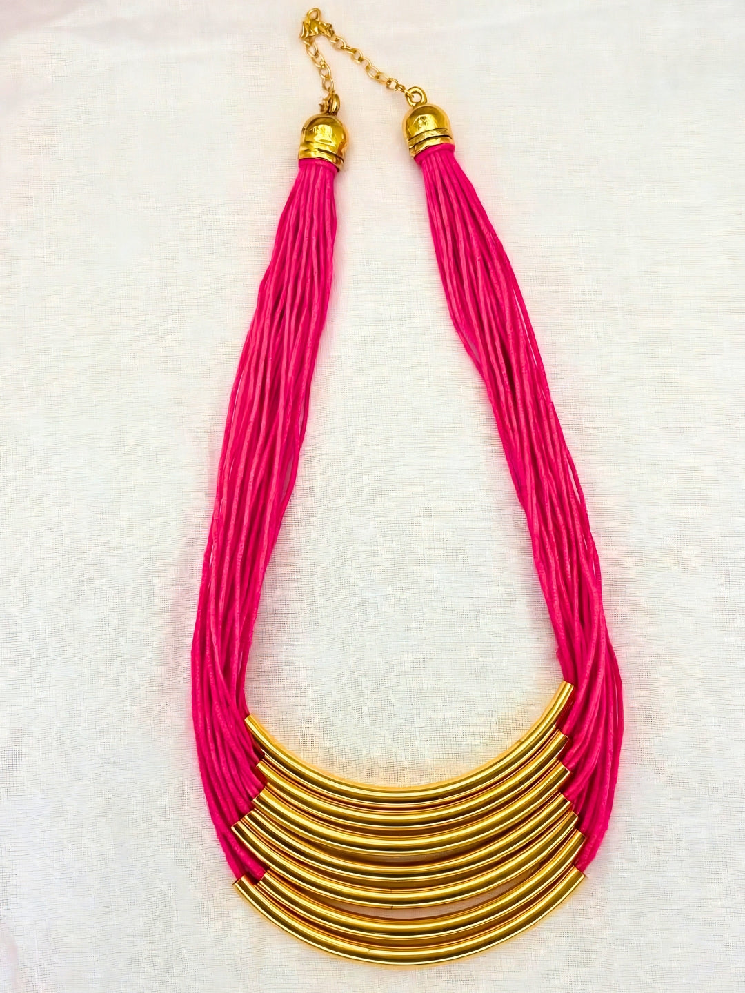 Gold-Plated Oxidised Statement Magenta Thread Layered Jute Necklace
