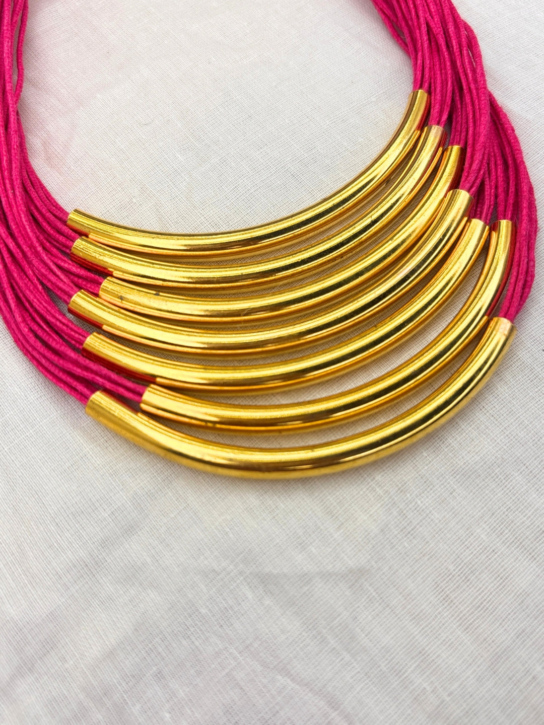 Gold-Plated Oxidised Statement Magenta Thread Layered Jute Necklace