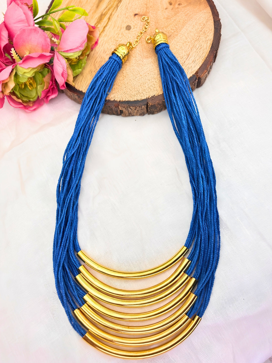 Gold-Plated Oxidised Statement Blue Thread Layered Jute Necklace