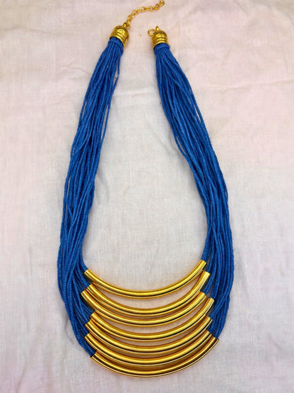 Gold-Plated Oxidised Statement Blue Thread Layered Jute Necklace