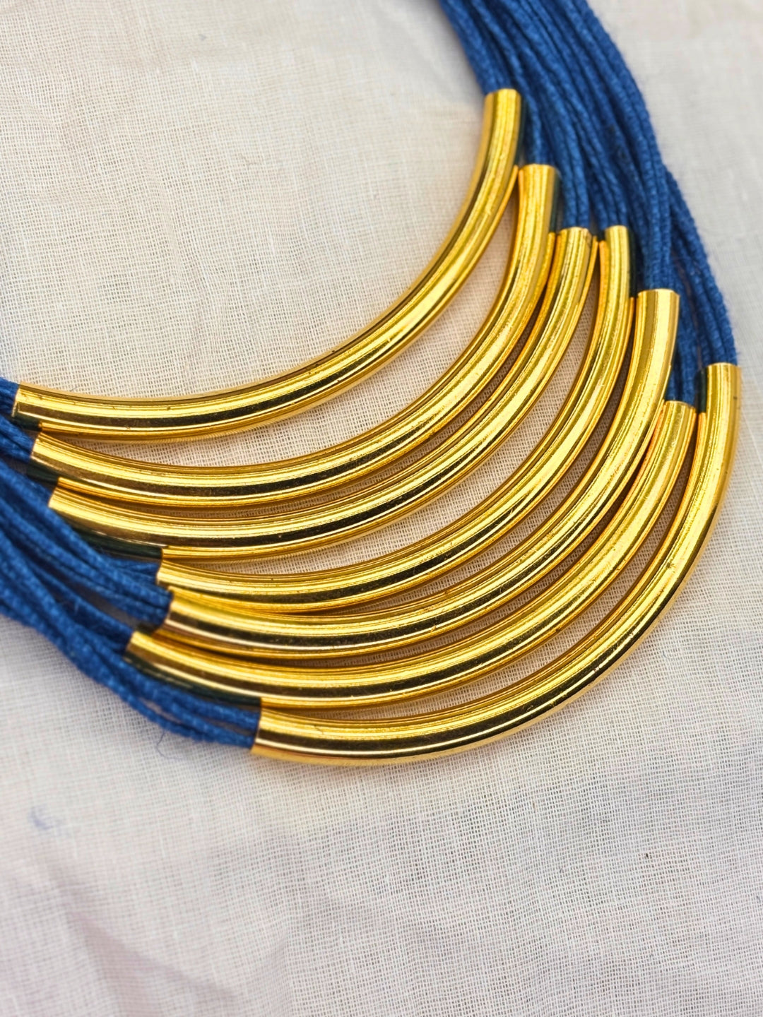 Gold-Plated Oxidised Statement Blue Thread Layered Jute Necklace