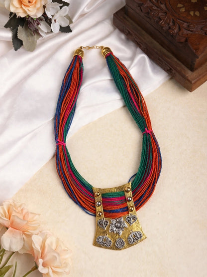 Gold-Plated Oxidised Statement Multi Thread Jute Necklace