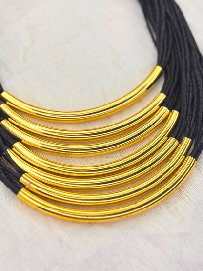 Gold-Plated Oxidised Statement Black Thread Layered Jute Necklace