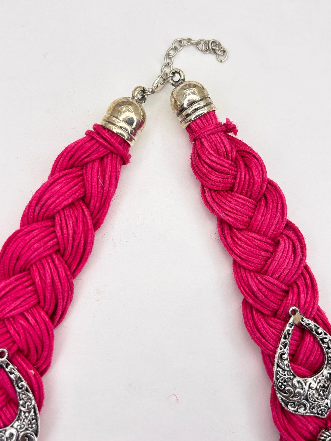 German Silver Floral & Peacock Charm Statement Bohemian Meenakari Magenta Jute Necklace