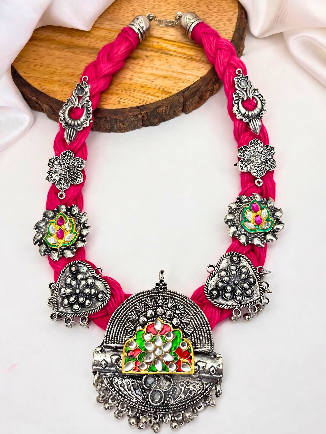 German Silver Magenta Braided Thread Oxidised Silver Statement Necklace