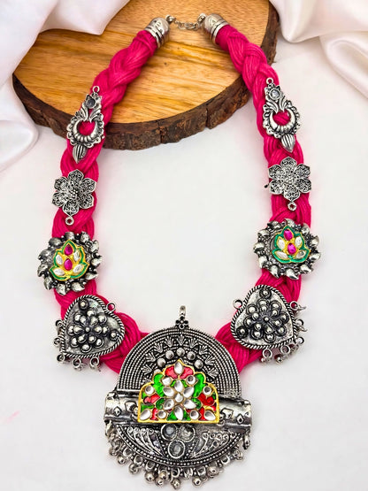 German Silver Magenta Braided Thread Oxidised Silver Statement Necklace