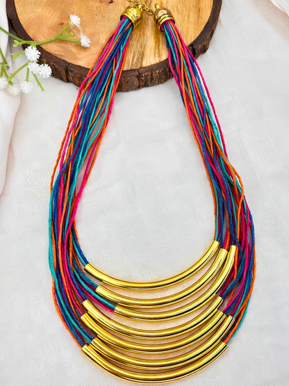 Gold-Plated Oxidised Statement Multi Thread Layered Jute Necklace