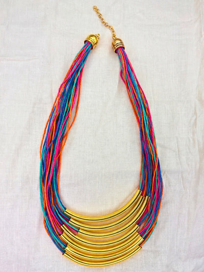 Gold-Plated Oxidised Statement Multi Thread Layered Jute Necklace