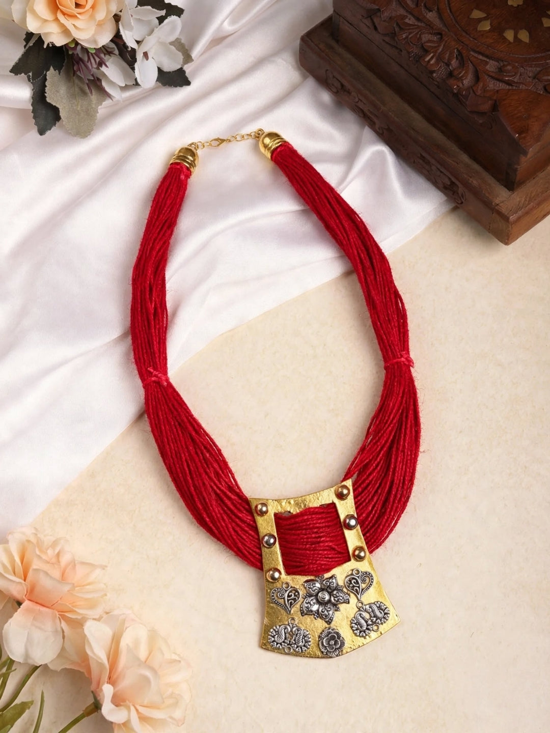 Gold-Plated Oxidised Statement Red Thread Jute Necklace