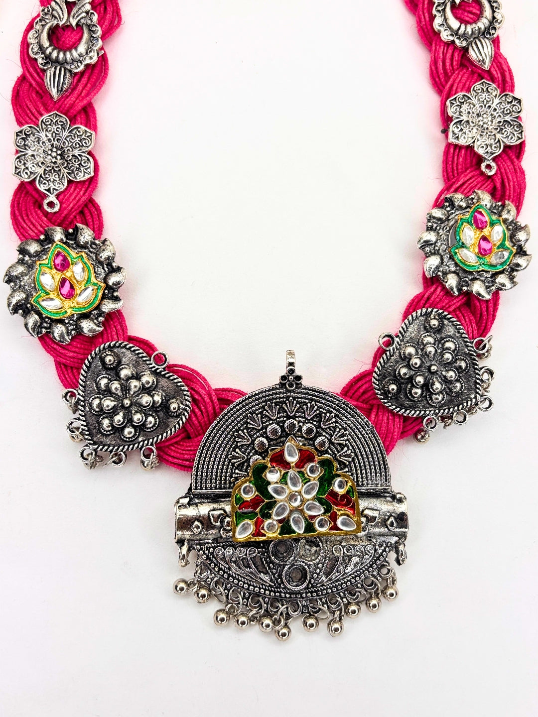 German Silver Magenta Braided Thread Oxidised Silver Statement Necklace