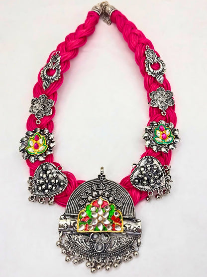 German Silver Magenta Braided Thread Oxidised Silver Statement Necklace