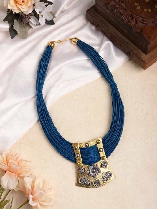 Gold-Plated Oxidised Statement Blue Thread Jute Necklace