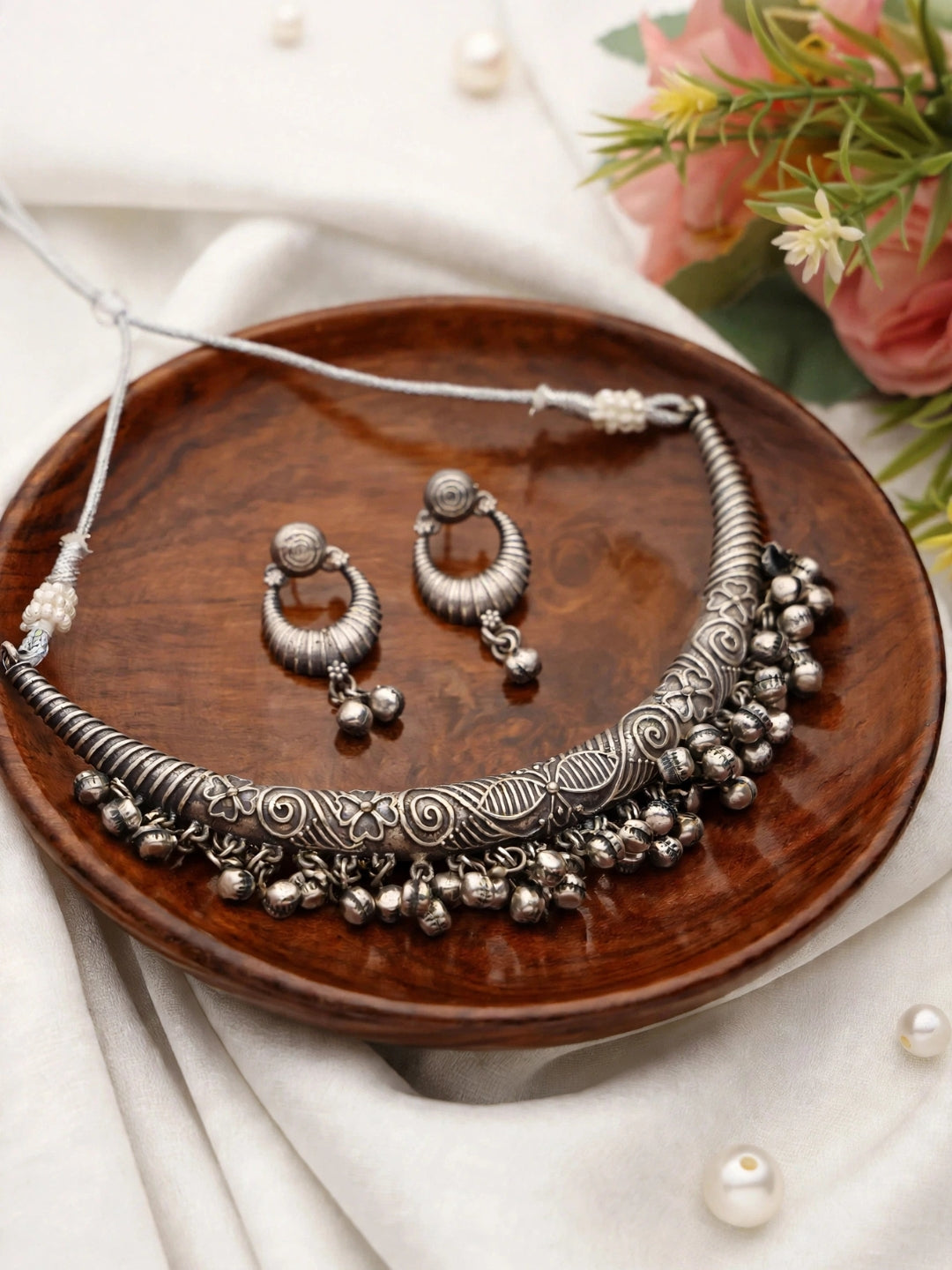 VIVAZS Silver-Plated Oxidised Necklace set with Earrings