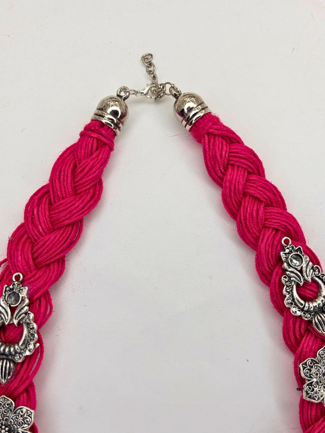 German Silver Magenta Braided Thread Oxidised Silver Statement Necklace