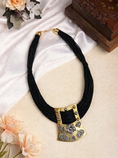 Gold-Plated Oxidised Statement Black Thread Jute Necklace