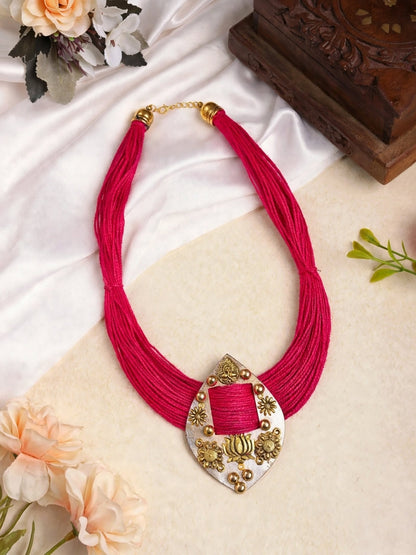Gold-Plated Oxidised Statement pink Thread Jute Necklace