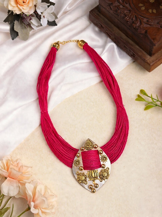 Gold-Plated Oxidised Statement pink Thread Jute Necklace