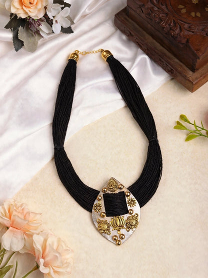 Gold-Plated Oxidised Statement Black Thread Jute Necklace