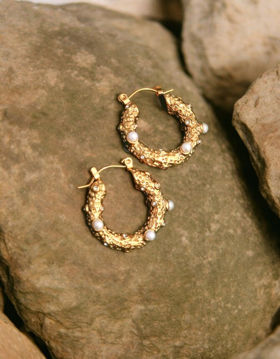 VIVAZS 18K Gold Plated Asymmetric Metal Pearl Hoops