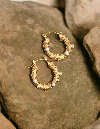 VIVAZS 18K Gold Plated Asymmetric Metal Pearl Hoops