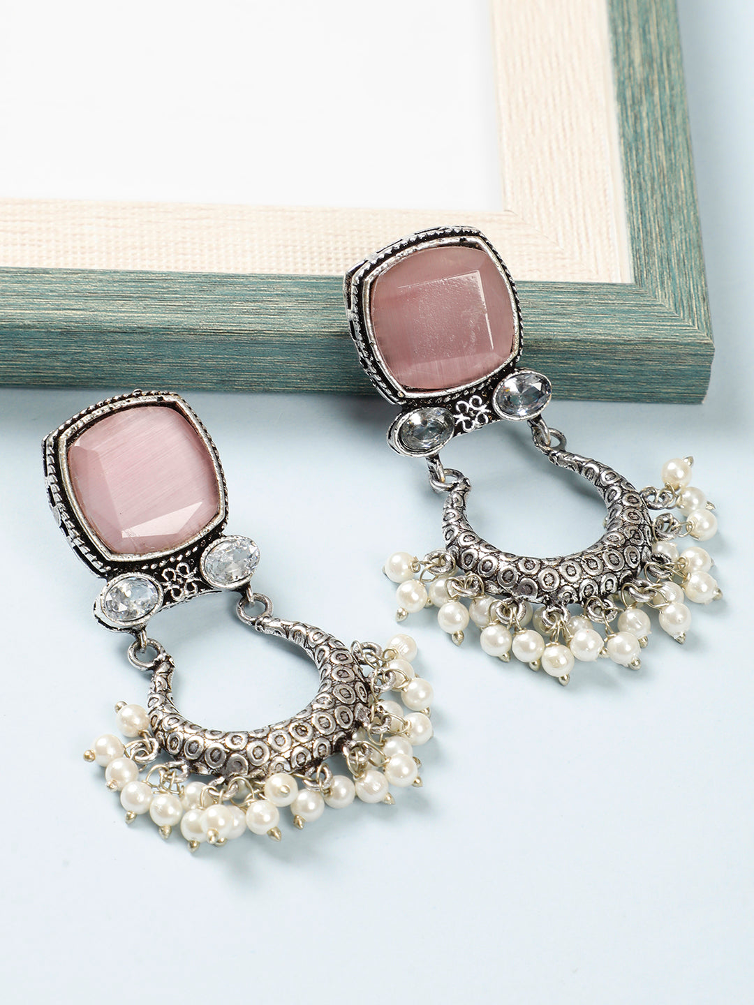 VIVAZS Silver-Plated Stone Studded Oxidised Drop Earrings