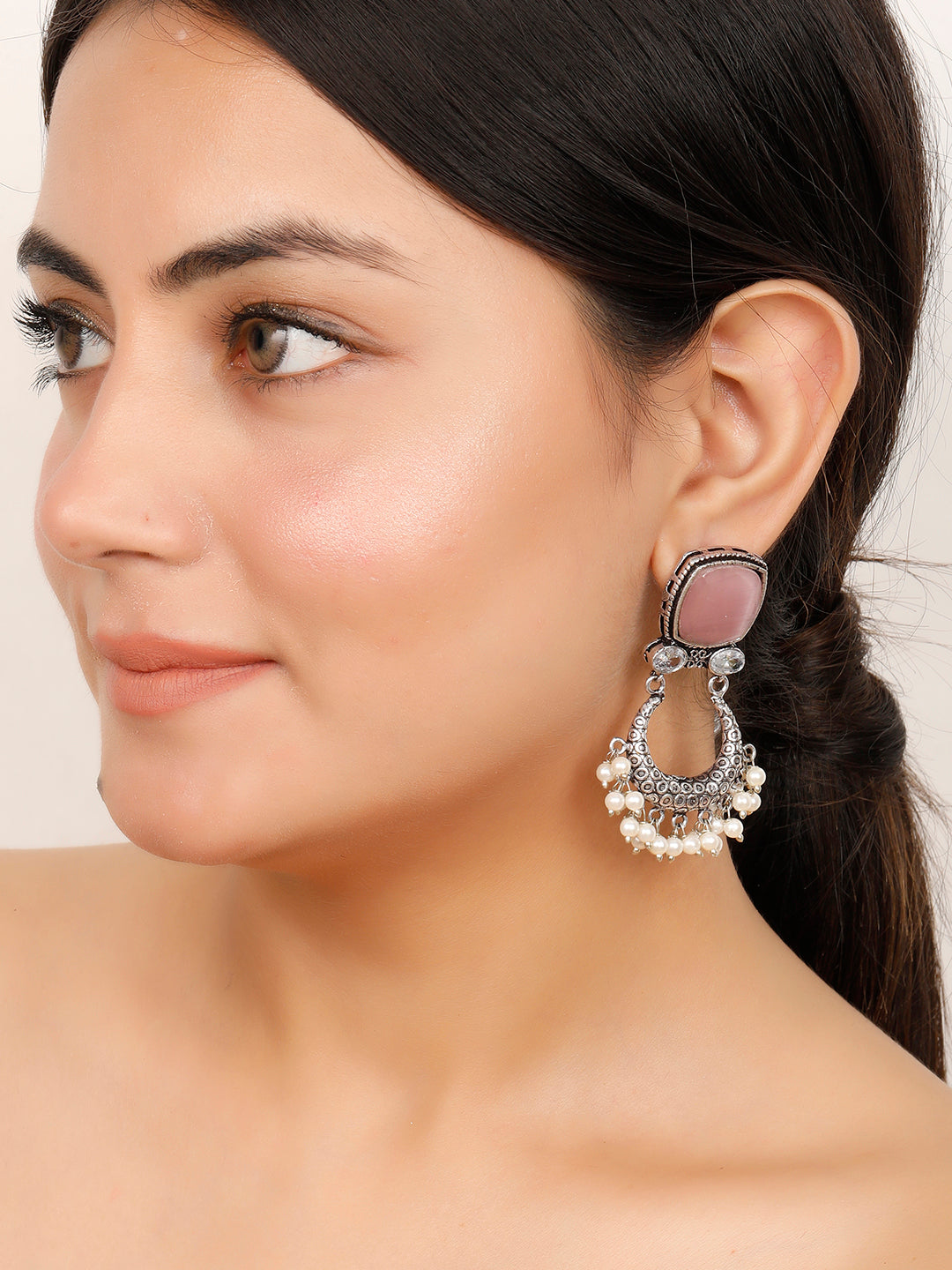 VIVAZS Silver-Plated Stone Studded Oxidised Drop Earrings