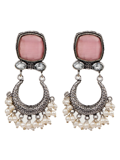 VIVAZS Silver-Plated Stone Studded Oxidised Drop Earrings