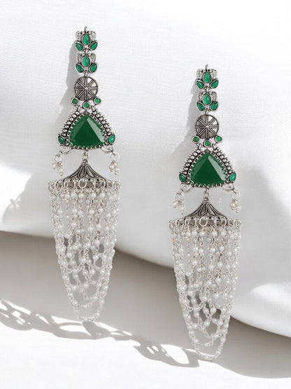 VIVAZS Green Contemporary Silver-Plated Jhumka Earrings